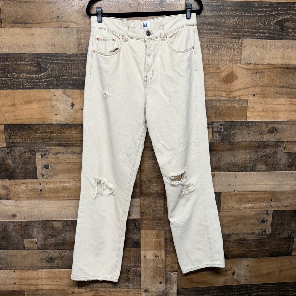 BDG Urban Outfitters Authentic Straight Leg Jeans Cream Distressed Button Fly 31